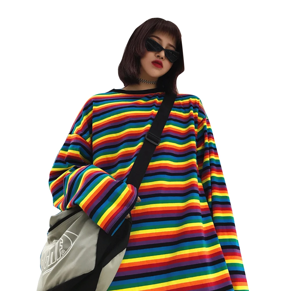 

Harajuku Sweatshirts Women Rainbow Striped Girls Outfits Loose Fashion Tops For Female Pullover