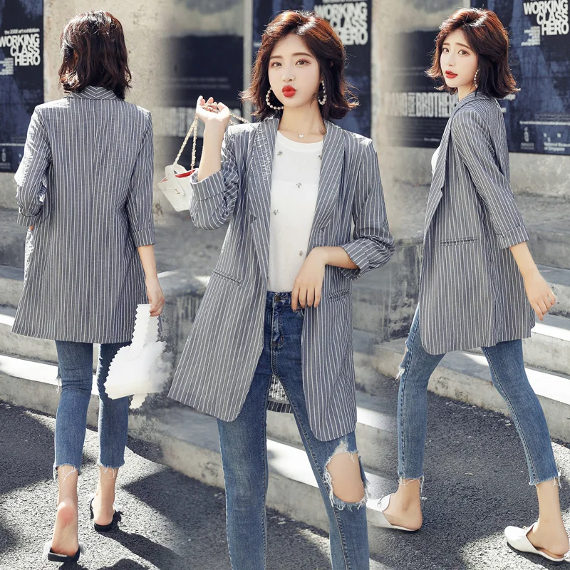 2019 Striped Jacket for Women Summer Wear Female Casual Style Breathable Coat Half Sleeve Blazer Tops Outwear 2019 Striped Jacket for Women Summer Wear Female Casual Style Breathable Coat Half Sleeve Blazer Tops Outwear