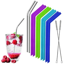 Горячая многоразовые соломинки из нержавеющей стали и силикона и соломинки для смузи с щеткой для чистки Идеально подходит для 3