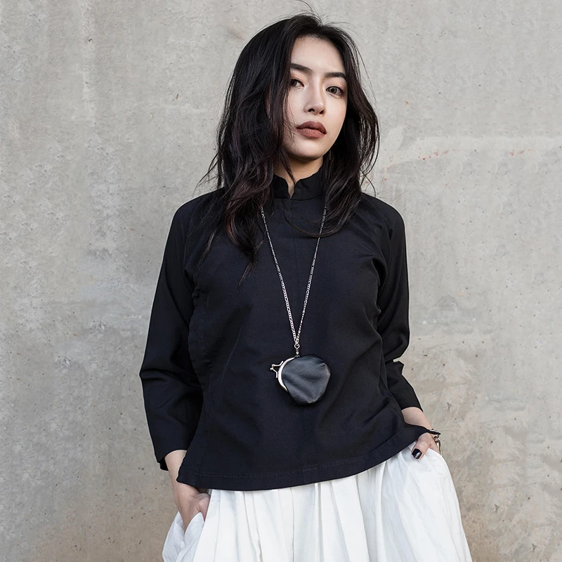 discounted  [EAM] 2020 New Autumn Winter Stand Collar Long Sleeve Black Loose Slanting Threshold Short Jacket W