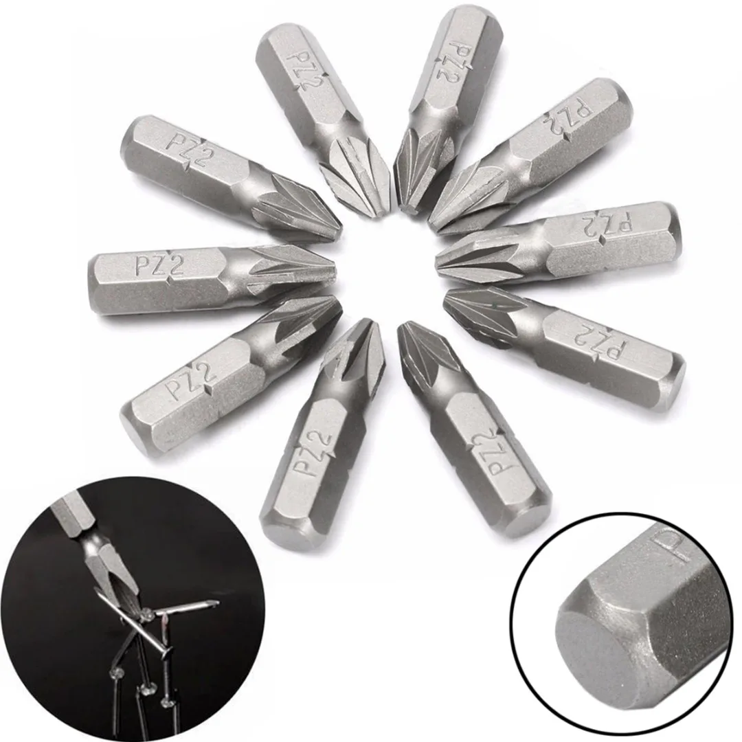 

10pcs/Lost Sliver Pozi 2 PZ2 x 25mm Drive Screwdriver Bits Hex Magnetic Power Tools