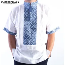 INCERUN повседневная мужская рубашка с принтом, кружевной воротник стойка, топы с короткими рукавами, пуловеры, летняя свободная ретро модная мужская рубашка S-5XL