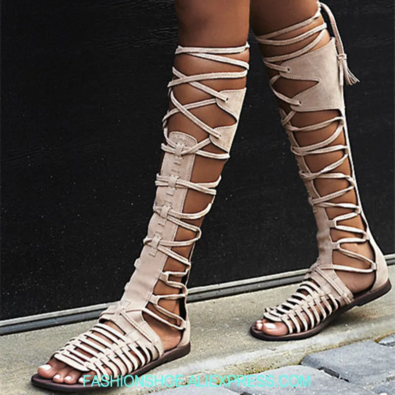 

Bohemia Style Sexy Lace Up Gladiator Sandals Boots Casual Flats Crossy Strappy Knee High Summer Boots Cut Out Sandalias Mujer