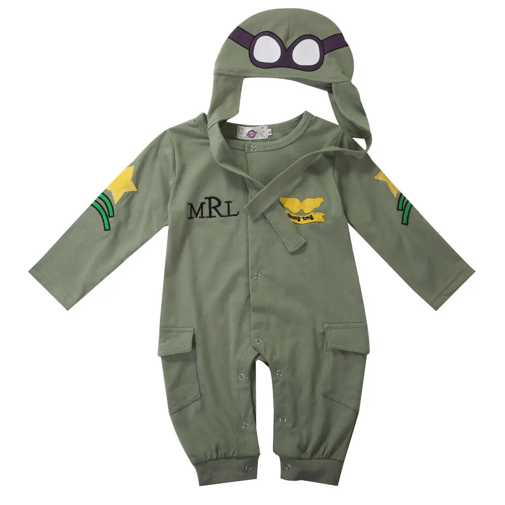 Novelty Children Full Sleeve Button Pocket Rompers+ Glasses Pattern Hat Cap Pilot Jumpsuit Outfits Green Clothes |