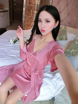 

Sexy Woman Silk For Spring Summer Womens Silk robe Gown Sets Two Pieces Bathrobe half sleeve Thin nightgown