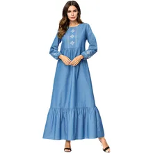 Women Denim Snowflake Embroidered Swing Dress Ethnic Elegant Muslim Abaya Dress Spring Autumn Loose Long Sleeve High Waist Plu crisscross embroidered sleeve hanky hem swing dress