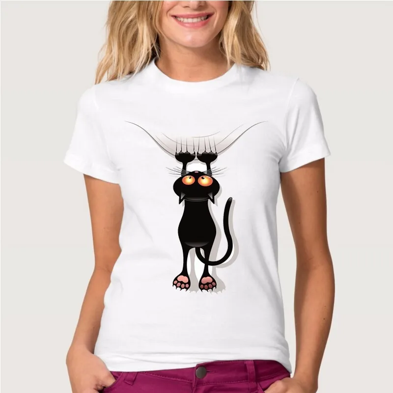 الصيف النساء السود القط طباعة تي شيرت قصيرة الأكمام س الرقبة عارضة مضحك قمم زائد SizeS-3XL الملابس