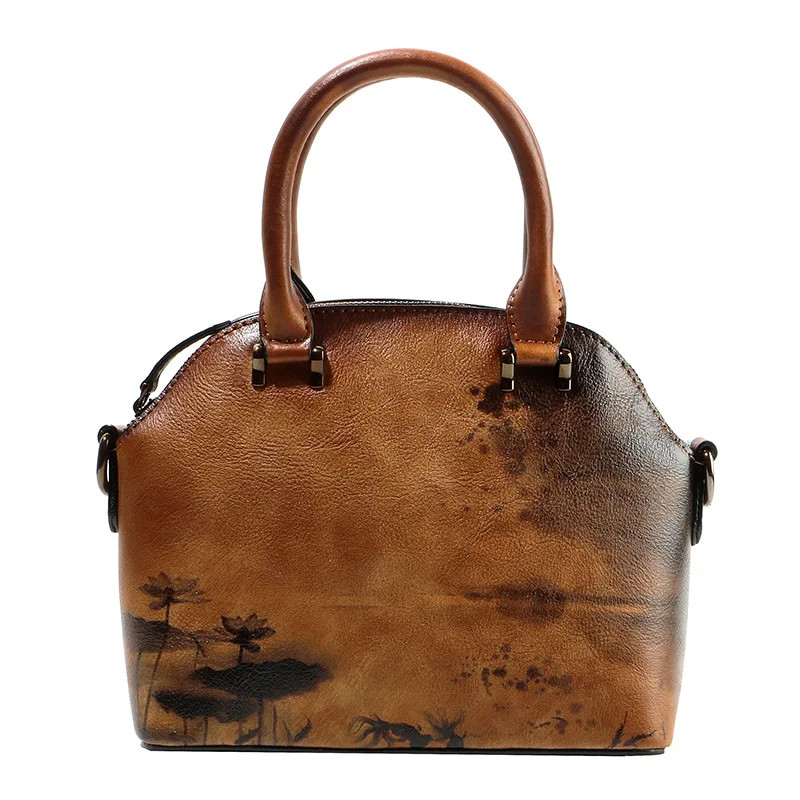 

Women Crossbody Top Handle Bag Vintage Tote Handbag Ink Painting Female High Quality Genuine Leather Shoulder Messenger Bags