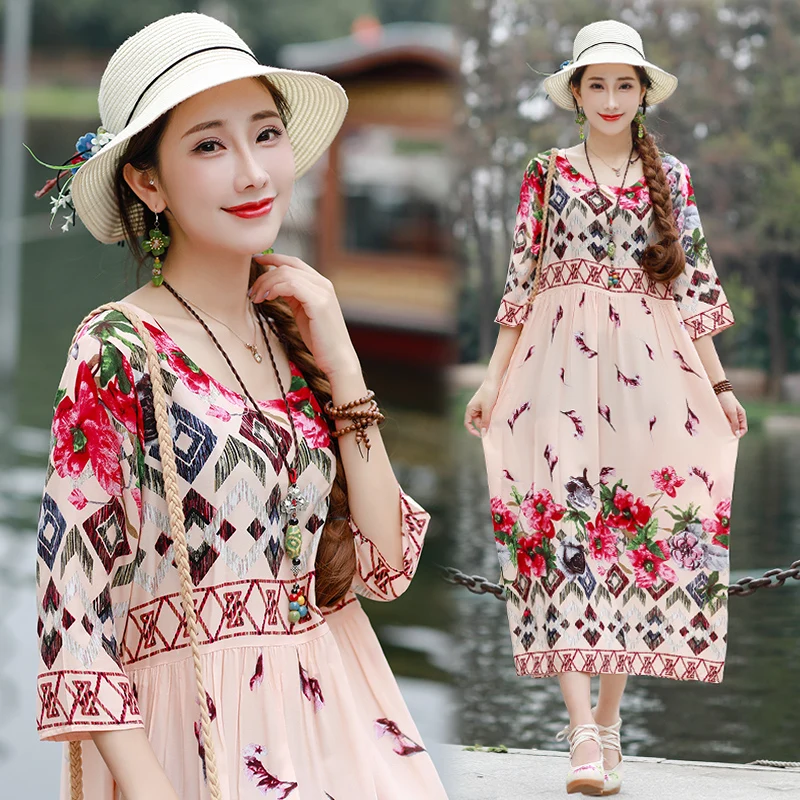 

Ethnic Vintage Women Summer Cotton Linen Floral Print Robe Dress Vestidos Femme Boho Beach Holiday Loose Large Plus Size Dresses