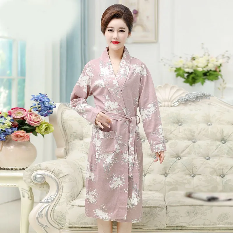 

Spring Autumn Robes Flower Print Kimono Nightgown Nature Color Loose Large Size 3XL Home Bathrobe