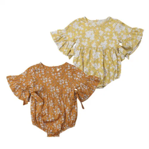 

Vintage Newborn Infant Baby Girl Floral Bell Sleeve Bodysuit Clothes Outfit Sunsuit Size 0-24M