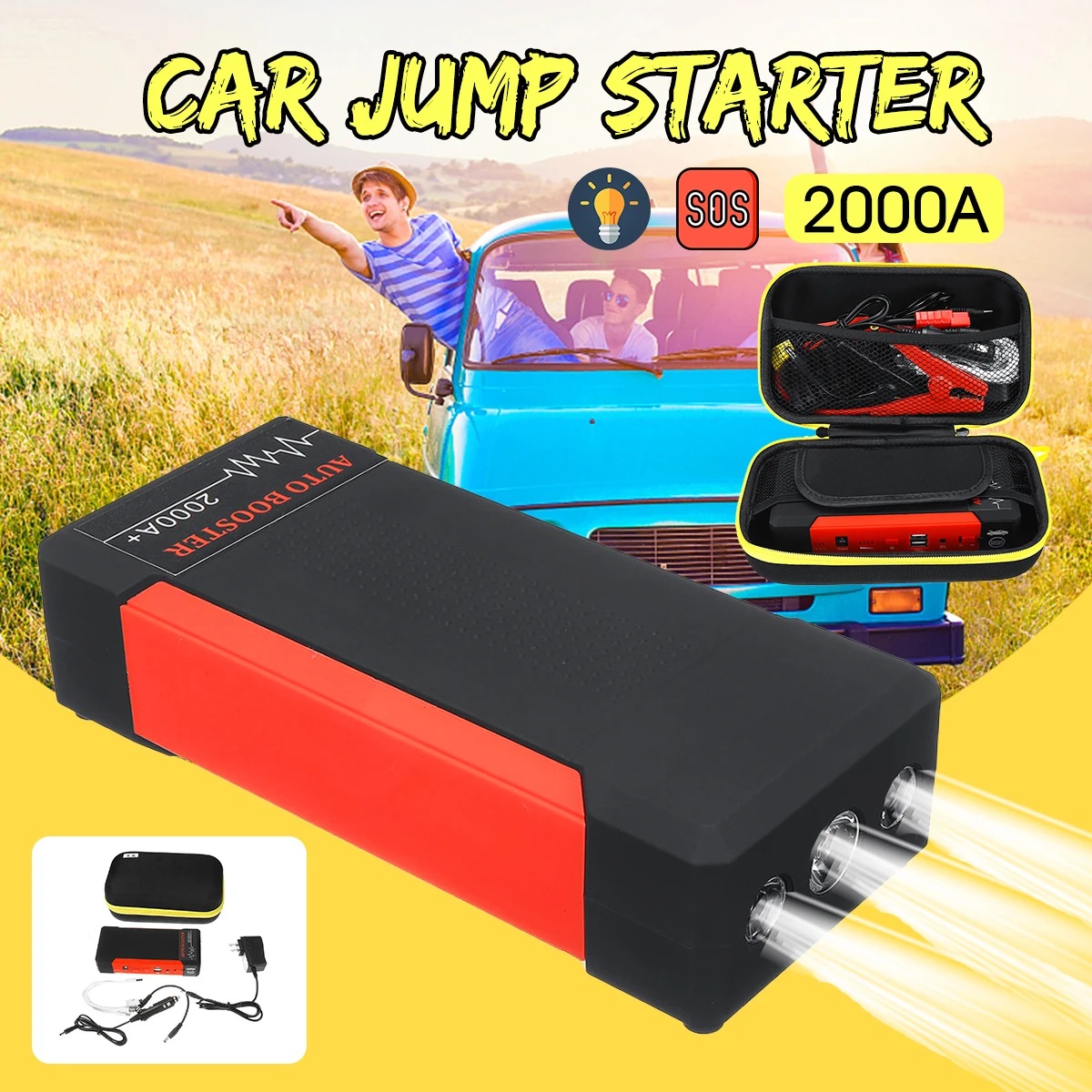 

2000A Peaks Car Jump Starter Pack Portable LED Flashlight Power Bank USB Auto Battery Supply Phone Power Clamps For 12V Car Boat