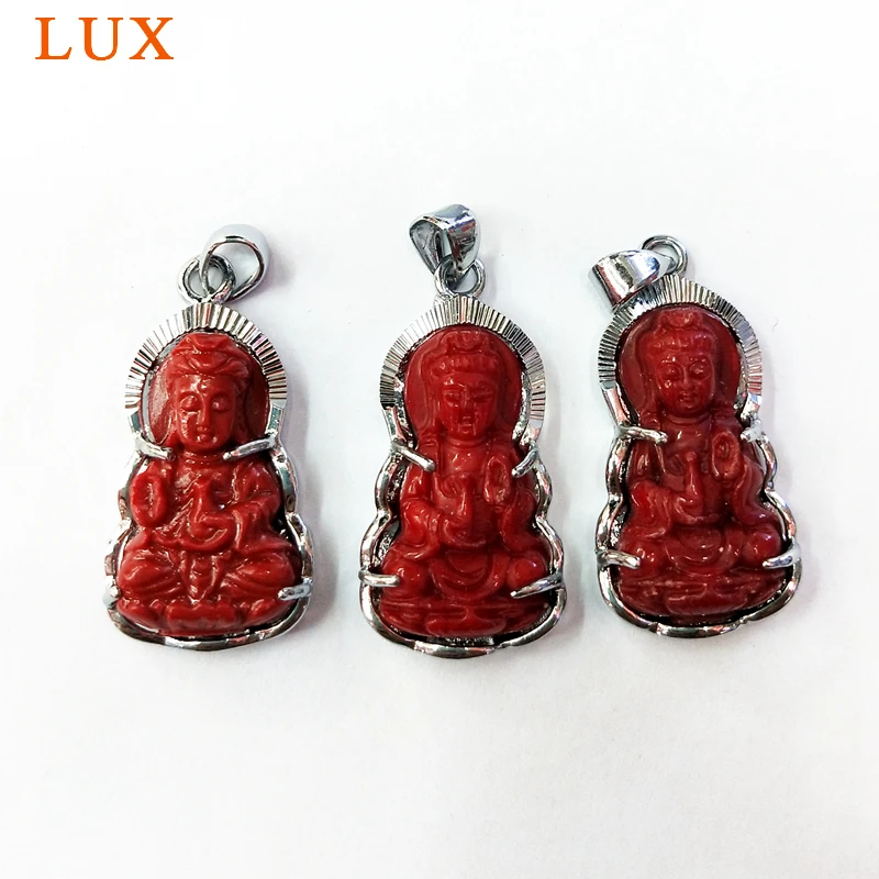 

Hand Carved Red natural Bamboo Coral Pendant Avalokitesvara pendants with green jades leaf charms for necklace making