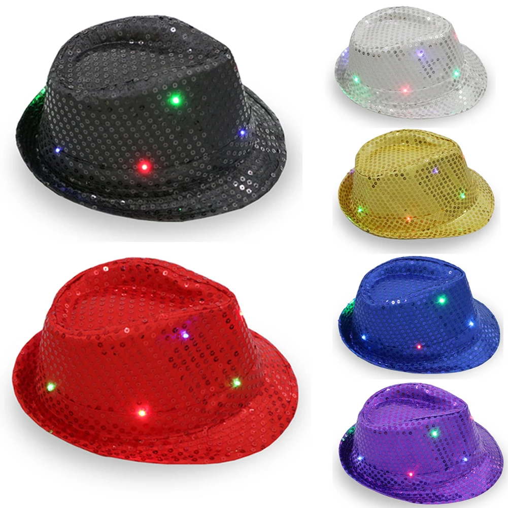 

Unisex Sequins LED Light Hip Hop Jazz Hats Flashing Birthday Party Cowboy Cap Christmas Decoration