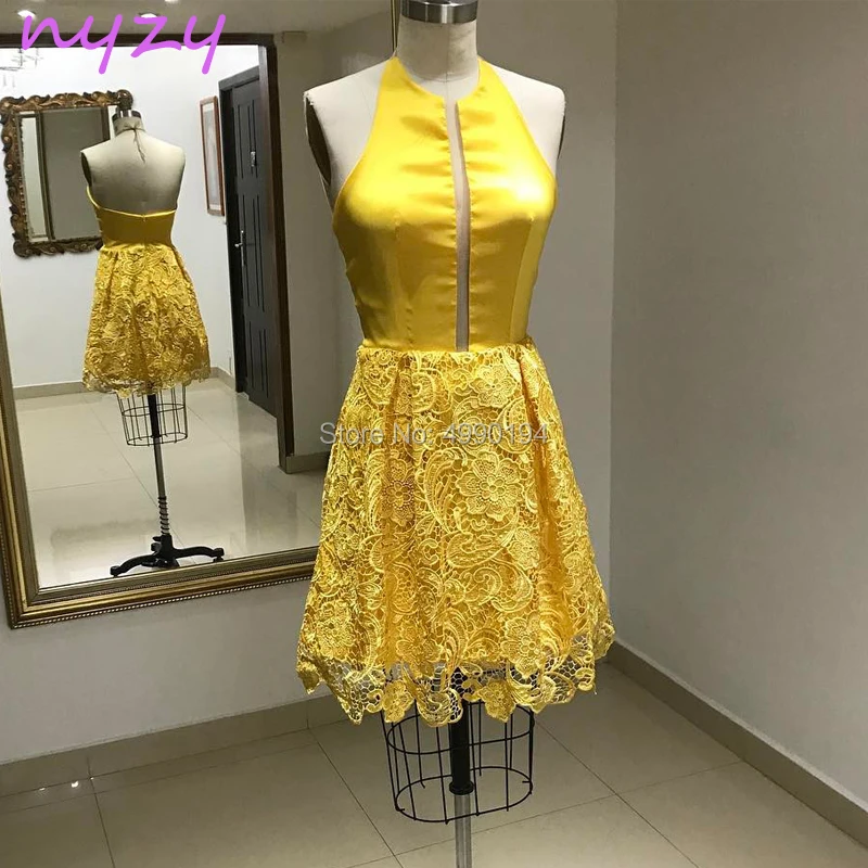 Nyzy C55 сексуальные открытые бюст с лямкой на шее желтый халат кружевное коктейльное платье Вечерние Платья vestidos de festa