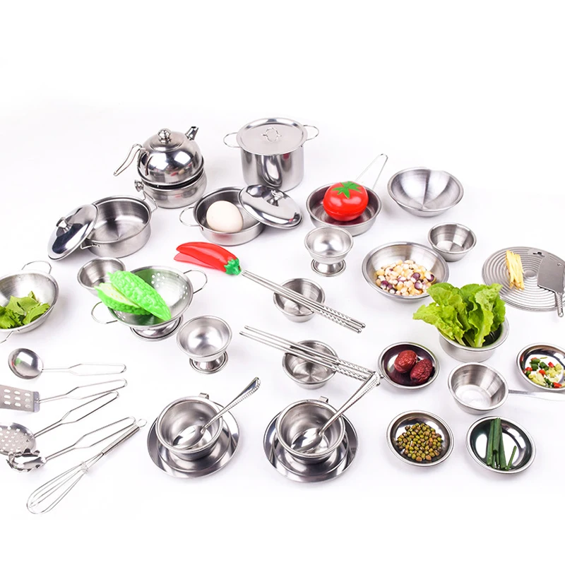 

Silver Stainless Steel Kid Play House Kitchen Toys Cookware Utensils Pots
