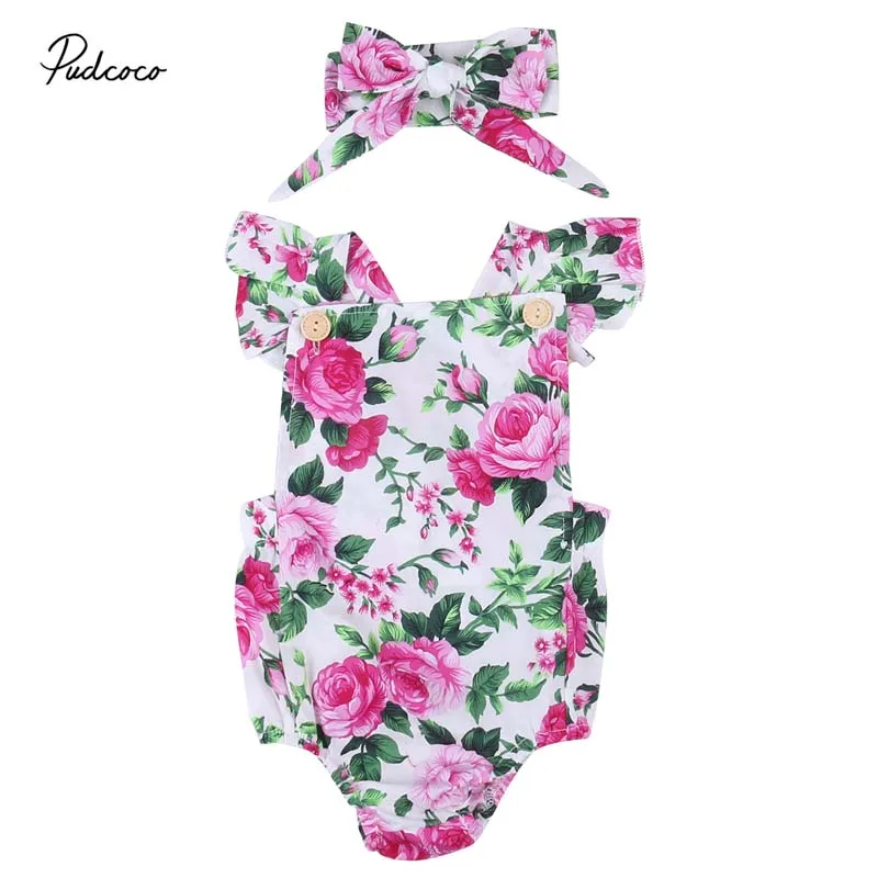 

2019 Brand Baby Girl Spaghetti straps Halter Bodysuit Headbamd Jumpsuit Floral Sunsuit Outfits 2 pieces Set Cute Clothing