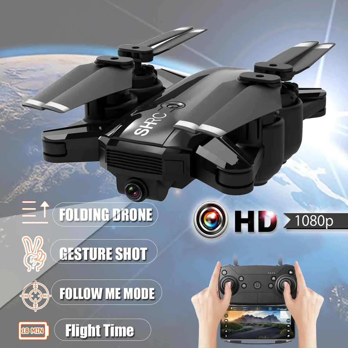 

WIFI FPV RC Selfie Drone With 1080P HD Camera Follow Me Mode Foldable RC Quadcopter VR Live flight Circle Point Fly