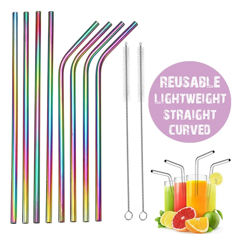 

4pcs Colorful Stainless Steel Reusable Straws Straight Bent Metal Drinking Straw With Cleaner Brush Set Bar Party Accessory