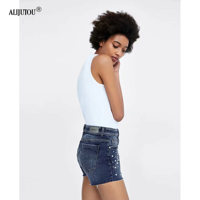 zaraing Women's mid Waist Denim Shorts 2019 Peals Beaded Ripped Jeans Shorts Fashion Brand Sexy Hot Femme Casual Denim Shorts