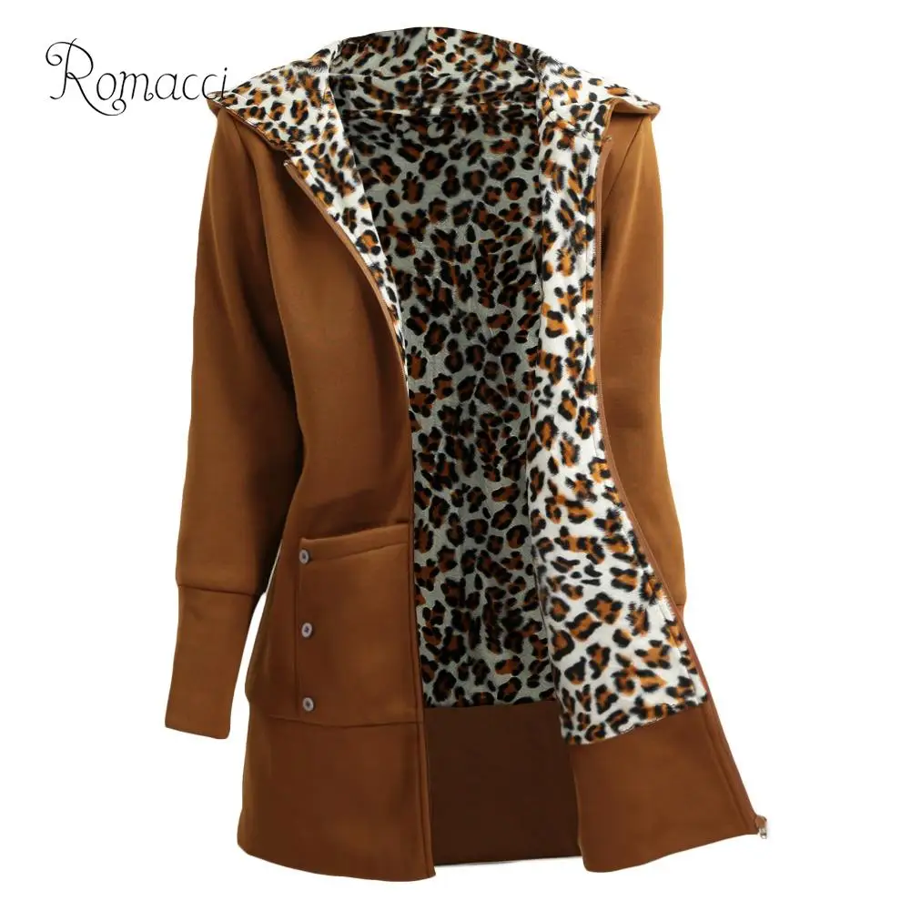 Женское пальто с капюшоном Romacci Abrigos mujer invierno повседневное теплое леопардовой