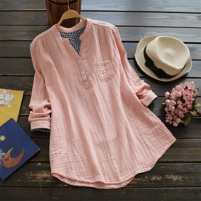 

2019 ZANZEA Autumn Summer Blouses Women Solid V Neck Long Sleeve Cotton Linen Loose Shirts Feminina Buttons Top Blusas Plus Size