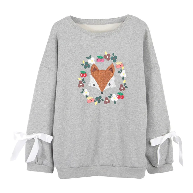 

Lychee Girls Fox Bow Fleece Sweatshirts Female Long Sleeve O Neck Pullovers Spring Autumn Casual Loose Women Streetwears
