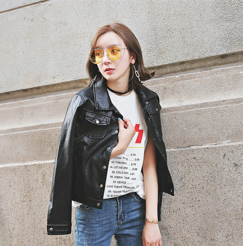 

Women Basic Faux Leather Jacket Spring New Arrival Short Design Black Streetwear PU Jackets Punk Button Female Casaco Lederjacke
