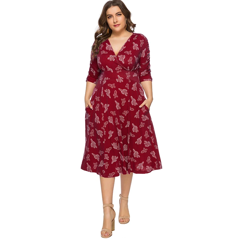 

Romacci Women Plus Size Midi Dress Floral Print V Neck Three Quarter Sleeve Bohemian Dress Summer Slim Large Size Dress Blue/Red