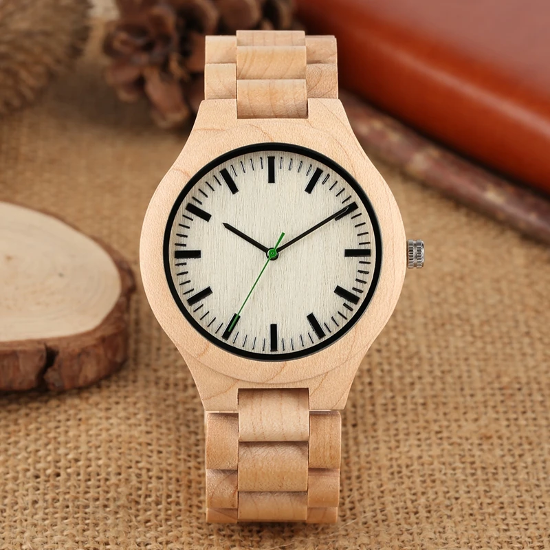 

Top Simple Wood Watch Men's Full Durable Maple Wooden Adjustable Strap Quartz Wristwatch Hour Clock Present a Great Gift for Men