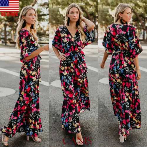 

Women's Summer Holiday Vintage Belt High Waist V-neck Loose Boho Floral Short Sleeve Long Maxi Dress Party Beach Sundress
