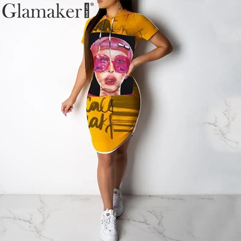 

Glamaker Portrait print vintage dress party Streetwear hoodie dress summer style 2019 Hooded knitted dress vestidos de fiesta