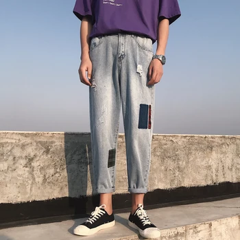 

Spring New Jeans Men Fashion Wash Hole Patch Casual Denim Pants Man Streetwear Trend Wild Hip Hop Loose Trousers Male Clothes