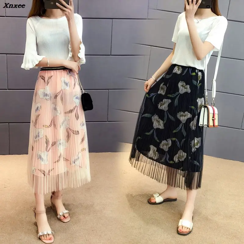 Women Fashion Vintage Chiffon Long Skirts Floral Mesh Print Saia A Line Faldas Summer High Waist Bohemian Midi Skirt Saia Xnxee