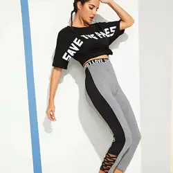 Для женщин Повседневное Фитнес леггинсы брюки женщина леди Yogawear Спортивная узкие Высокая Талия Брюки сбоку в полоску Леггинсы