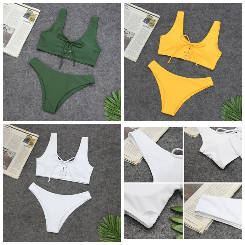 

Women Cross Hollow Solid Bikini Push-Up Padded Swimwear Bandage Bathing Suit Set