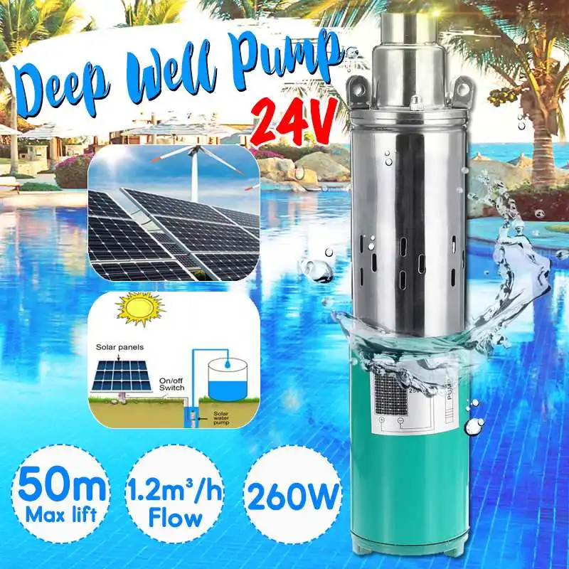 

Solar Water Pump Max Lift 50m 24V 260W 1200L/h Deep Well Pump DC Screw Submersible Pump Irrigation Garden Home Agricultural