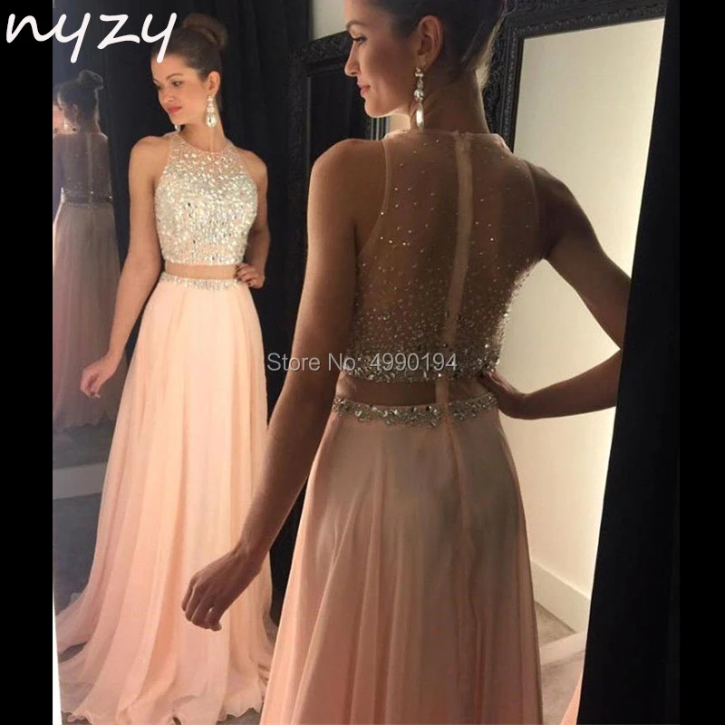 Nyzy P7 из двух частей Выпускные платья шифоновый кристалл платье с глубоким вырезом на спине для перламутрово-розовый vestido de festa longo Халат