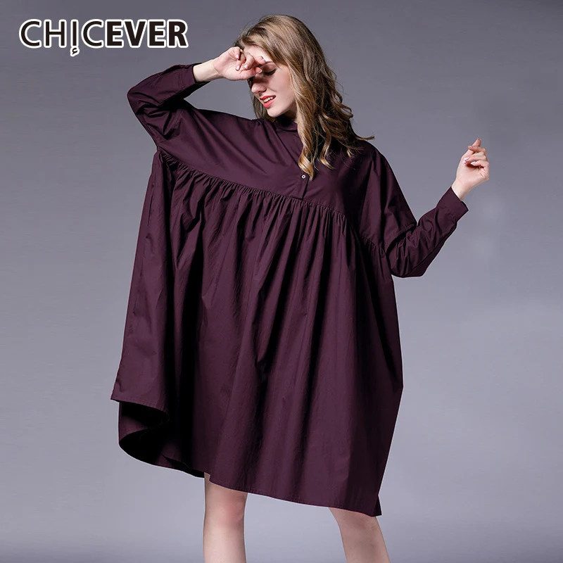 

CHICEVER Autumn Draped Dresses For Women Lapel Batwing Long Sleeve Loose Oversize Women's Dress Female Fashion Causal Clothing