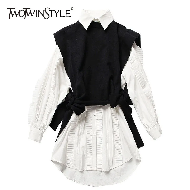 TWOTWINSTYLE комплект из двух предметов женский длинный рукав белая рубашка с рюшами платья вязание на шнуровке черный жилет корейский женский костюм