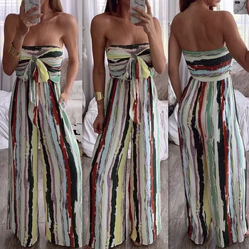 

Strapless Floral Rompers womens jumpsuit combinaison Female Bow Tie Sleeveless Bodysuits Women polysuit overalls Wide Leg pants