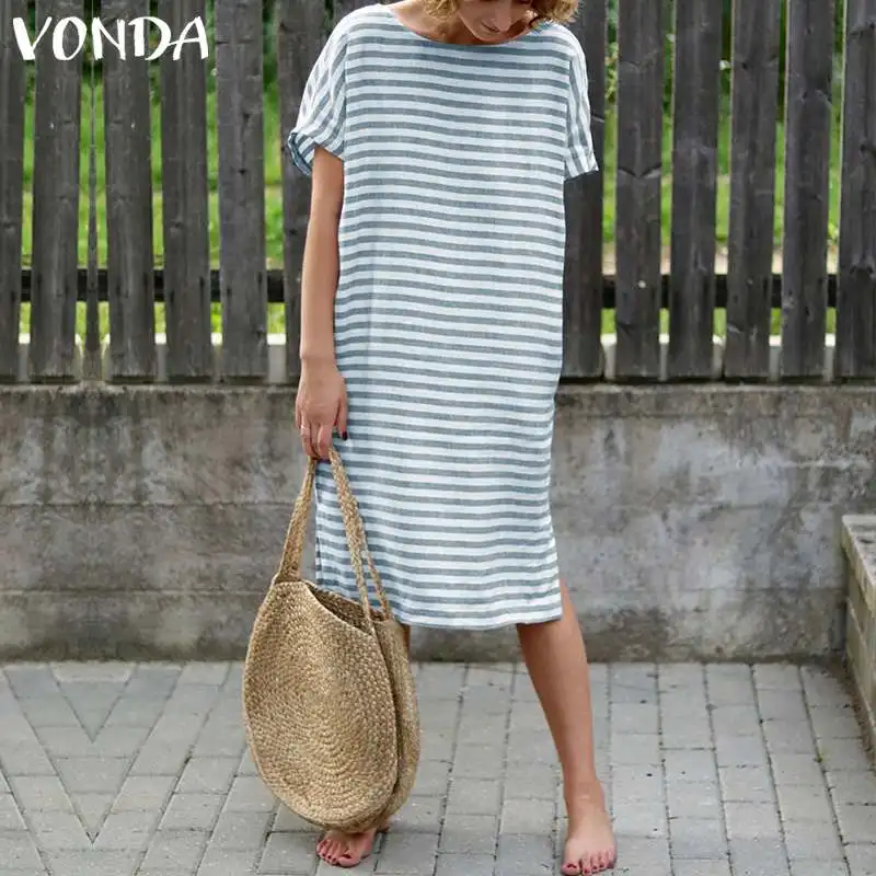 

VONDA Women Dress 2019 Summer Sexy O Neck Short Sleeve Backless Striped Dresses Casual Loose Baggy Plus Size Midi Vestidos 5XL