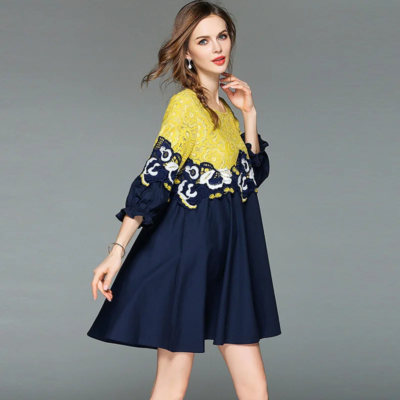 

New Summer Maternity Dresses Lantern Sleeve Embroidered Hit Color Split Joint Lace Dress Pregnant Woman Skirt Dress Elegant
