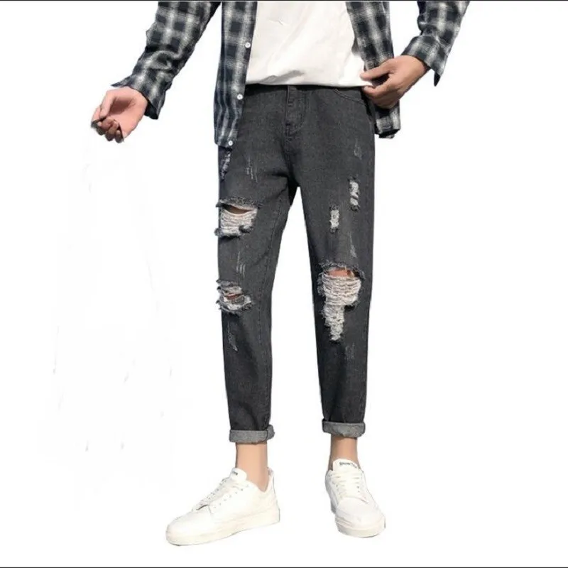 

2019 new Summer cotton men's stretch slim fit jeans men dyed holes hip hop streetwear clothes Hot Sale