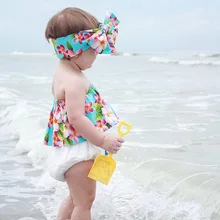 Топы с открытыми плечами и цветочным принтом для новорожденных девочек, шорты, одежда, повязка на голову, комплект из 2 предметов