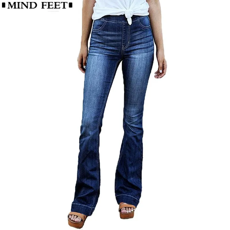 MIND FEET Women Flare Jeans Elastic Waist Blue Wide Leg Denim Pants ...