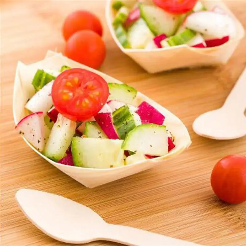 

50Pcs Disposable Boat Shape Wooden Tray Natural Birch Wooden Serving Plates Dishes For Foods Snacks Nibbles