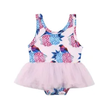 Купальник для девочки от 0 до 24 месяцев, милый детский купальник без рукавов с принтом птицы, юбка-пачка с цветочным рисунком, Цельный купальник, пляжная одежда, купальный костюм