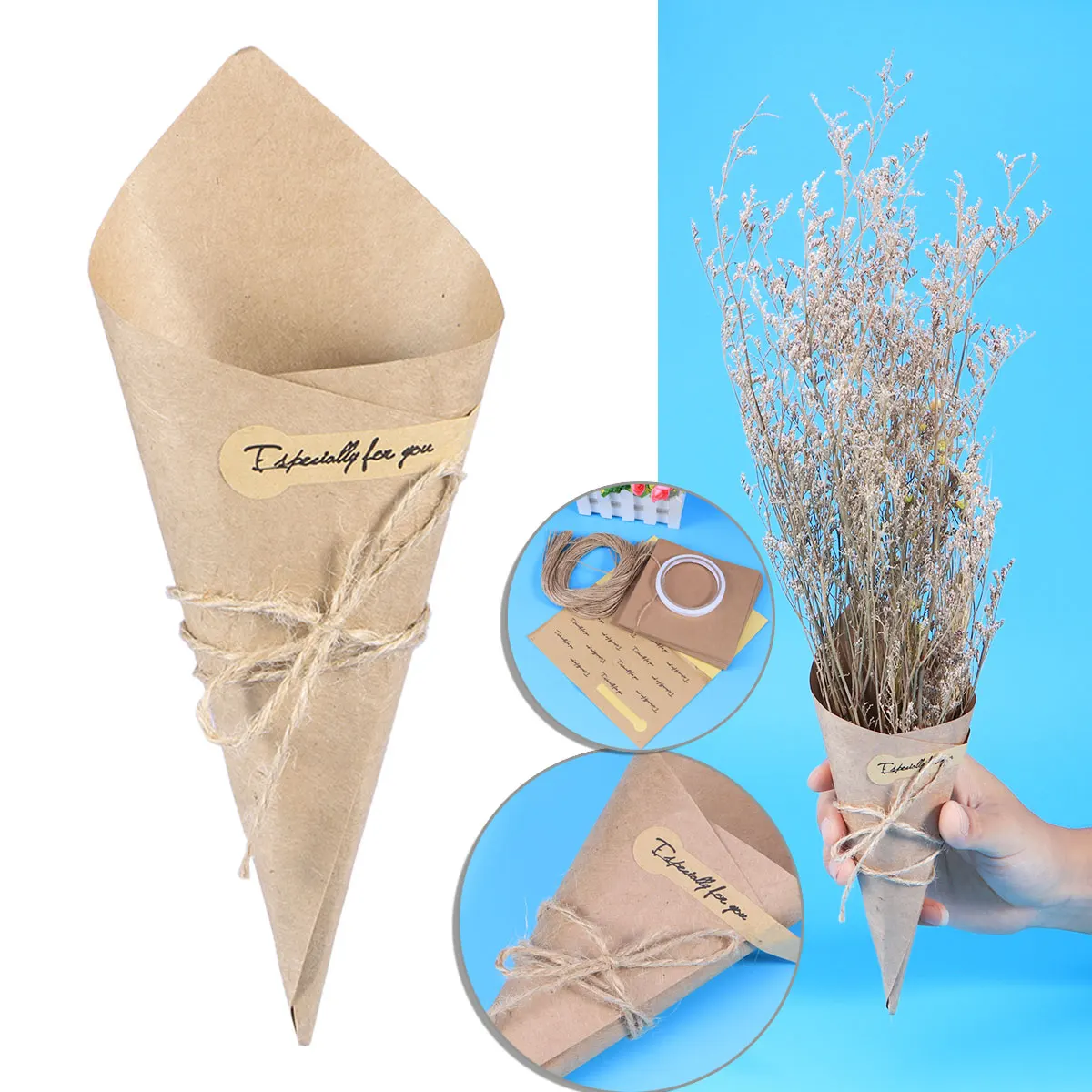 

100pcs DIY Kraft Paper Cones Bouquet Candy Boxes Ice Cream Flower Holder Wedding Party Gifts(15x15cm)