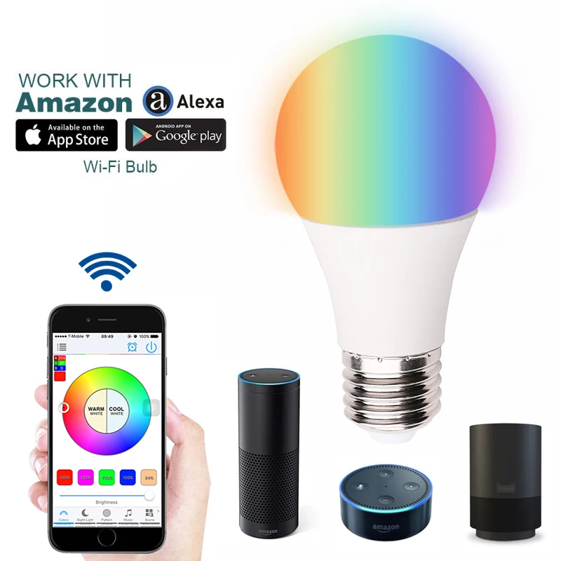 Продается в упаковке E27 WiFi умная лампа, RGB светодиодный светильник, работает с Alexa и Google Assistant 9 Вт 800lm RGBW светодиодный умный свет